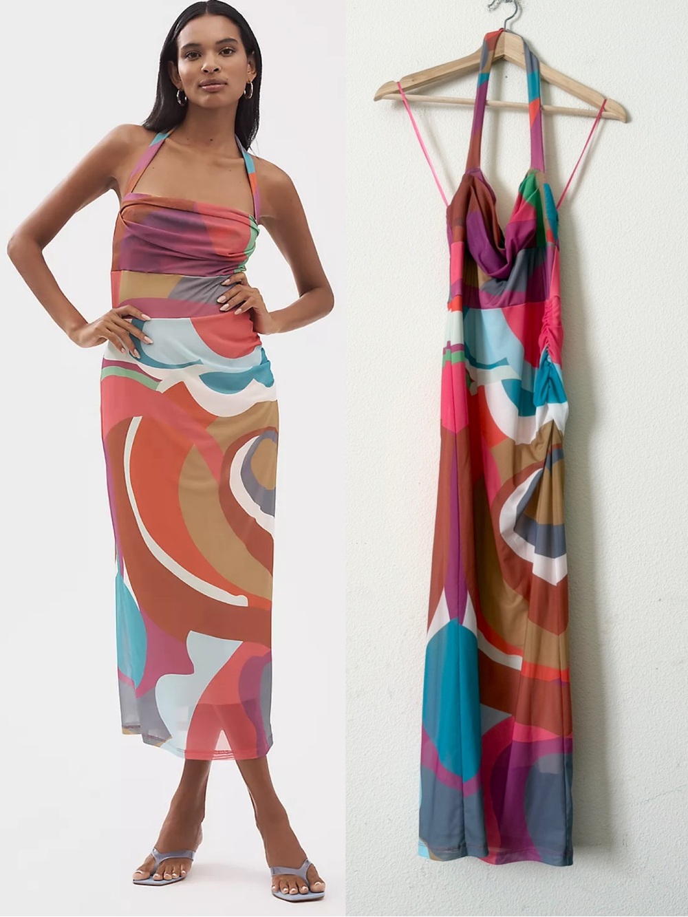 Anthropologie XS square neck halterneck geometric colorful print midi dress